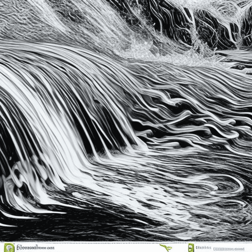 Create a striking 2d black and white engraving gently flowing water. Black background, water only on the below part of the image, giving a sense of flowing
