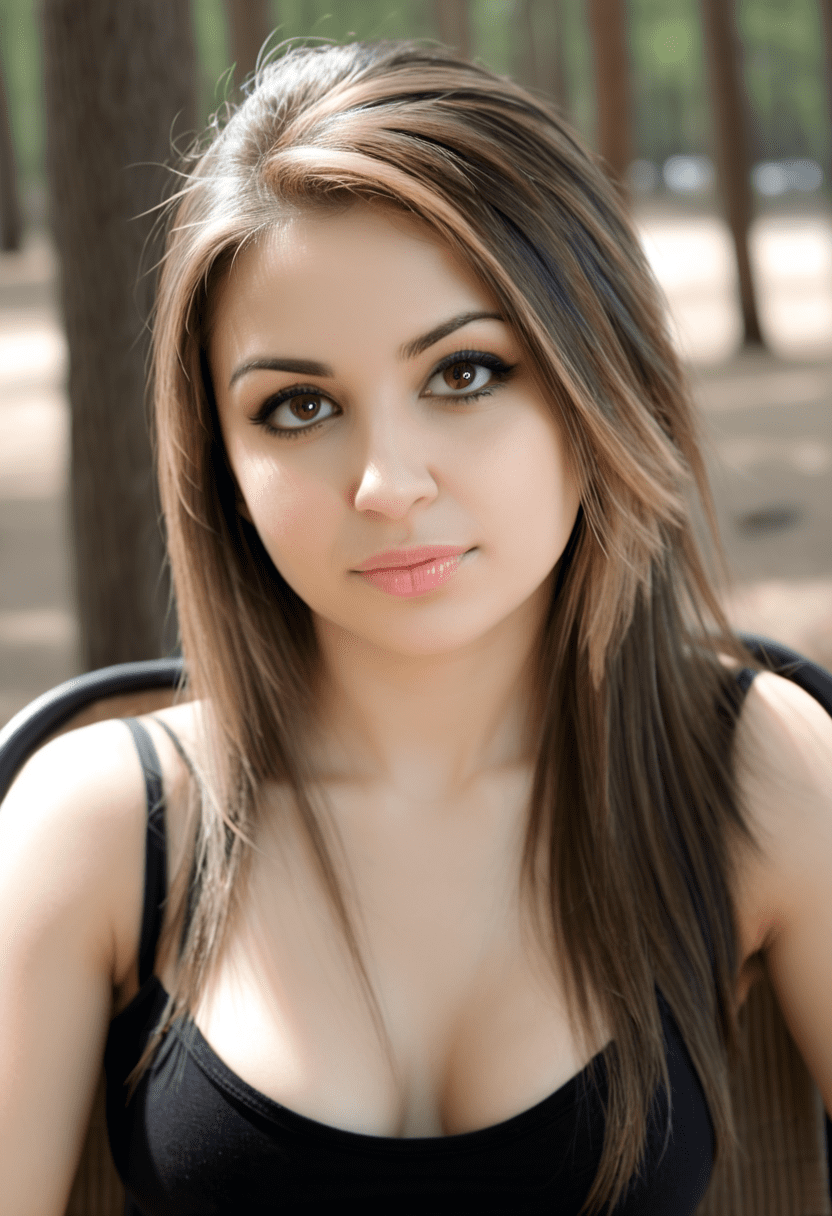 This is a photograph of a woman with dark colored eyes staring at the viewer with a slight smirk on her face. Long, straight, bronze hair hangs down over her shoulders. Light makeup adorns her face. Her black, spaghetti strap tank top is low cut and revealing. She sits on a camping chair in a wooded camping area during the day. The sun shines overhead through the trees. Soft natural light, casting shadow style, perfect eyes, extremely intricate details, masterpiece, epic, clear shadows and highlights, realistic, intense, enhanced contrast, highly detailed skin, f/2. 8, bokeh
