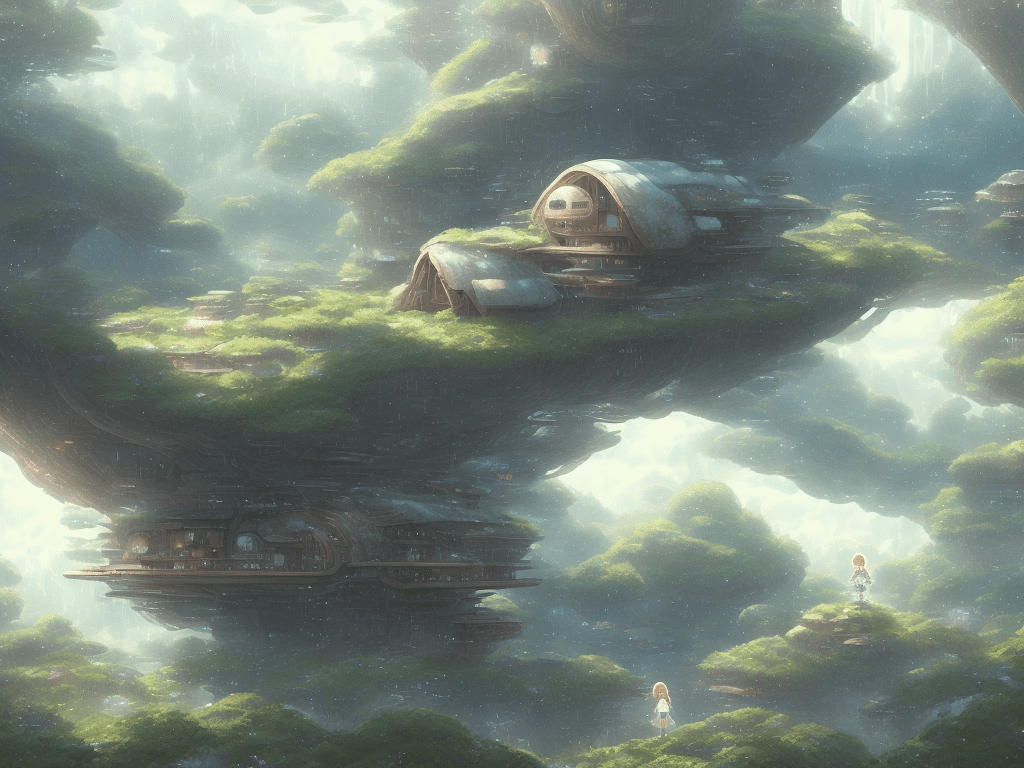 Digital 2d, miyazaki's style, ultimate detailed, tiny finnest details, futuristic, sci-fi, magical dreamy landscape scenery, small cute girl living alone in the gigantism of wilderness, round futuristic simple multilayered architecture, intricate habitation cabin in the trees, dramatic soft lightning, rule of thirds, cinematic