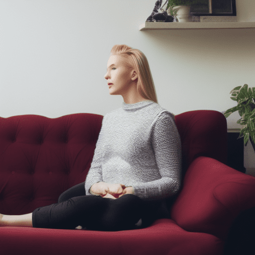 A woman sitting on a sofa. She has blonde hair