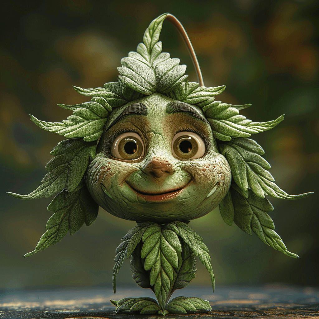 A cannabis leaf with a realistic face done in the style of pixar --ar 1:1 --stylize 450