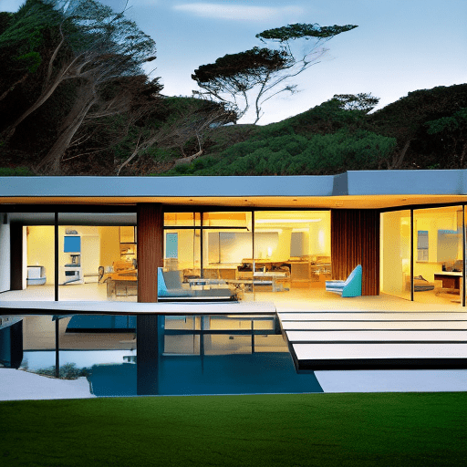 Hyperrealistic eye-level exterior photo of a mid-century modern-style house overlooking the ocean, in daylight with indirect lighting. Featured in ad magazine, designed by frank lloyd, eames, and mies van der rohe.