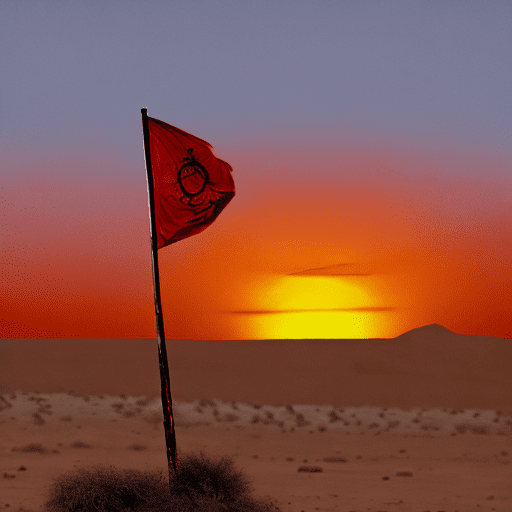 A tattered red flag on a pole stands prominently in a barren desert landscape, illuminated by the setting sun in the background. Arabic calligraphy in large, ornate black and red text overlays the image, adding a cultural and historical depth to the scene. The sky is painted in hues of orange and yellow, enhancing the dramatic and somber ambiance of the image.