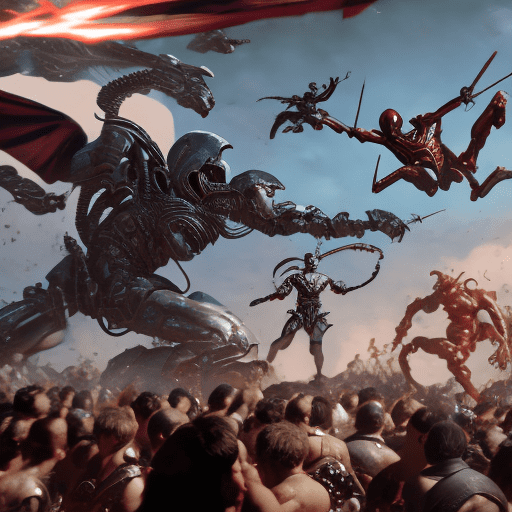 Dynamic composition, dynamic pose, dynamic shot, shot over back, slightly tilted camera, action, a scene of a mevideal d&d warrior fighting a cyborg alien, both floating in the air above a mediveal festival, wide angle