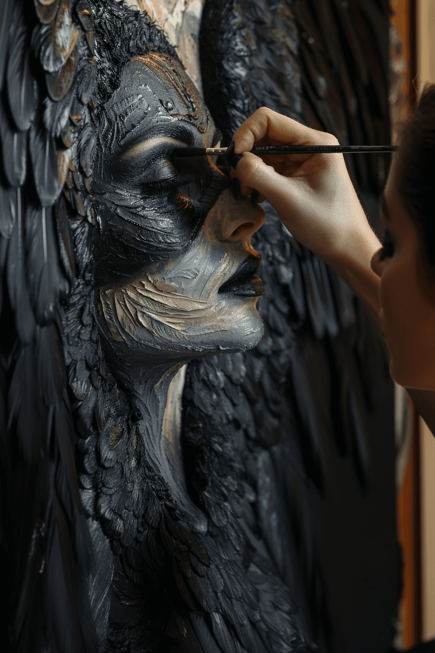 Close up of an artist painting the face and wings on a woman with raven feathers, in the style of jean delville. --s 250 --v 6. 0 --style raw --ar 2:3