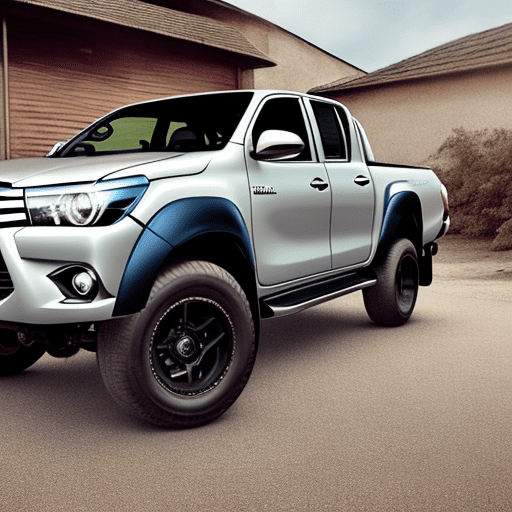 Toyota hilux, ln105 model, double cab, flame color, parked in front of a house. 265/75r16 tires, method race wheel 309 grid rim, arb bull bar, smoked window, snorkel, mud guard. The photo should show the car from the front-left angle.