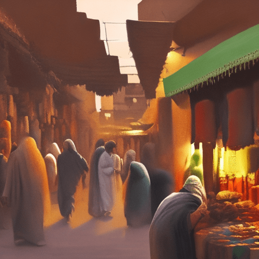 A crowded bazaar in marrakesh as the evening calls to prayer sound, textured acrylics