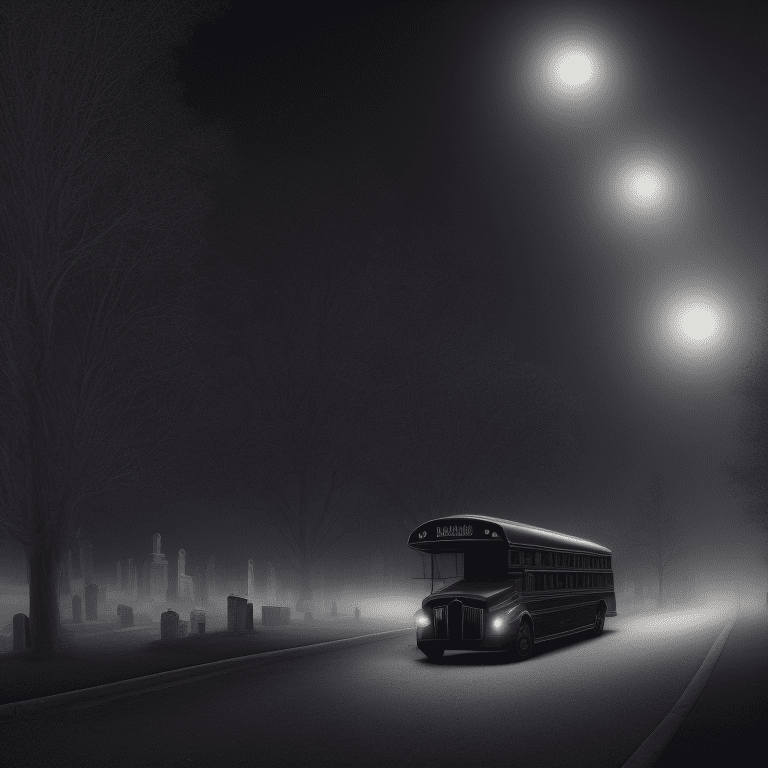 Angled view of a detailed darkish black metallic school bus at a distance in the background, intricate details, in the middle of the night, moonlight, very detailed, lit street, dead trees, streets lights, foggy, divine presence, cemetery nearby