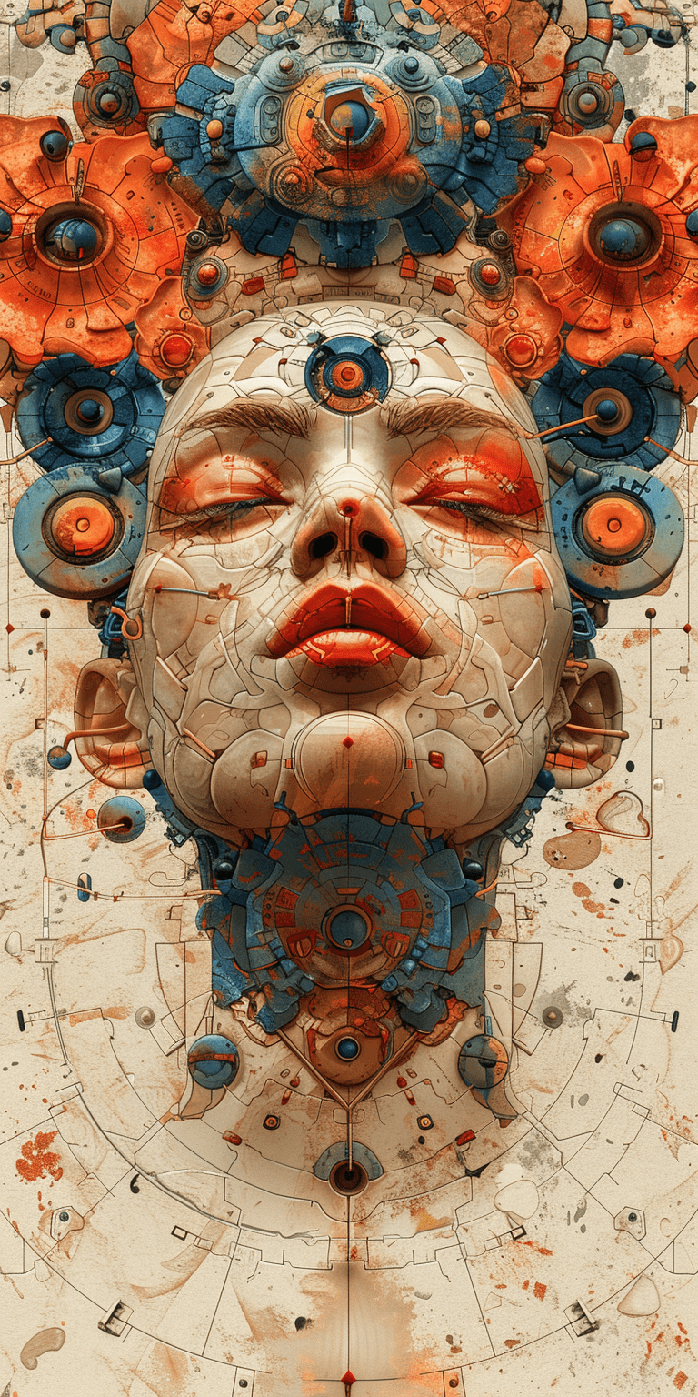An abstract head with animallike features, in the style of futuristic cyberpunk, james jean, light brown and cyan, highly detailed illustrations, symmetrical balance, jeff danziger, aykut aydogdu --ar 1:2 --stylize 750