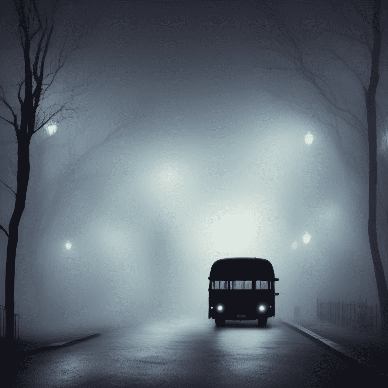 One large black bus in the street, spooky silhouette driving, bright lights, victorian street, dark fairytale aesthetic, intricate details, in the middle of the night, very detailed, lit street, dead trees, streets lights, foggy, divine presence, cemetery nearby