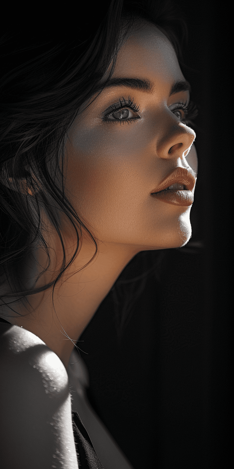 A black-and-white photograph of a woman, in the style of romanticized portraits, noir atmosphere, dark reflections on a dark background, close-up shot, tones of dark silver and light gray, hard edges, an ultra-high-definition image with clean lines, hyper-realistic --no freckles, distortion, water, sweat --ar 1:2 --stylize 750