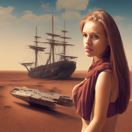 Create a realistic picture of a girl in the desert with a strandet ship in the background and a piece of junk in the foreground