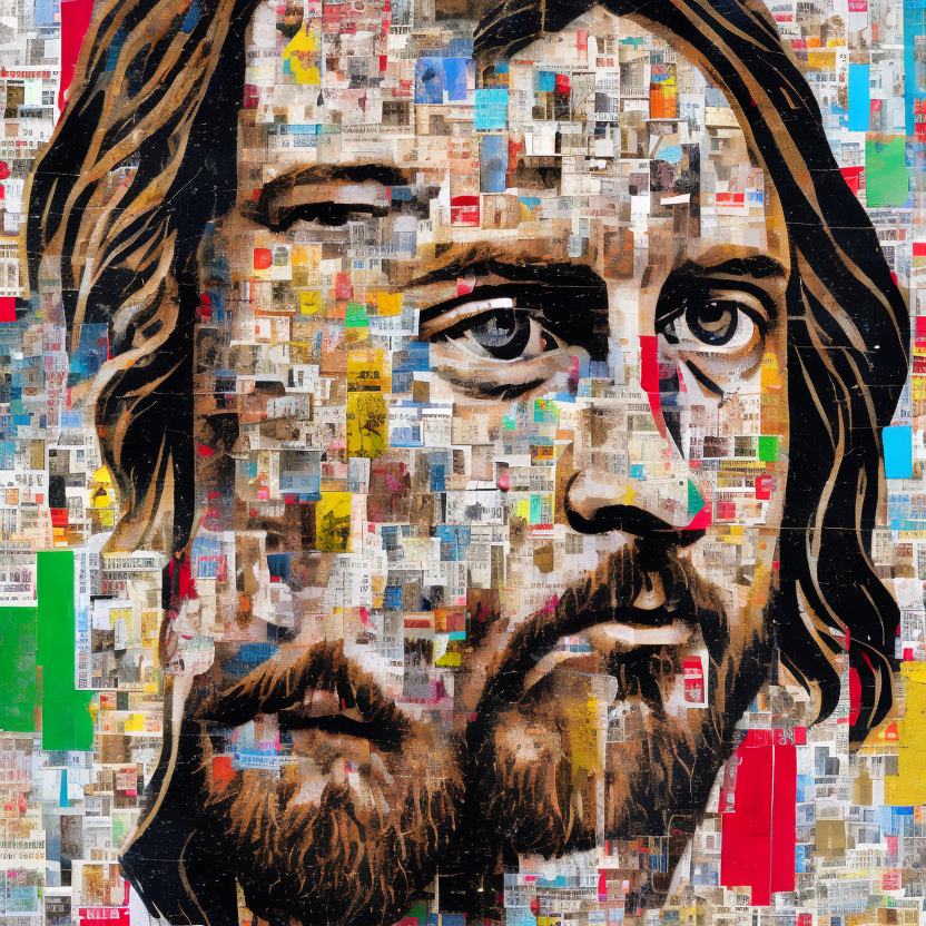 Jesus christ, in the style of multi-layered collages, edgy street art, celebrity-portraits, cardboard, fragmented icons, realistic hyper-detail, crossed colors --ar 73:111 --stylize 750 --v 6