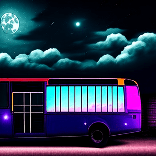 Side view of a long strange bus at a distance, in a dark alley, in the middle of the night, moonlight, spooky clouds, vibrant colors, masterpiece, cinematic lighting