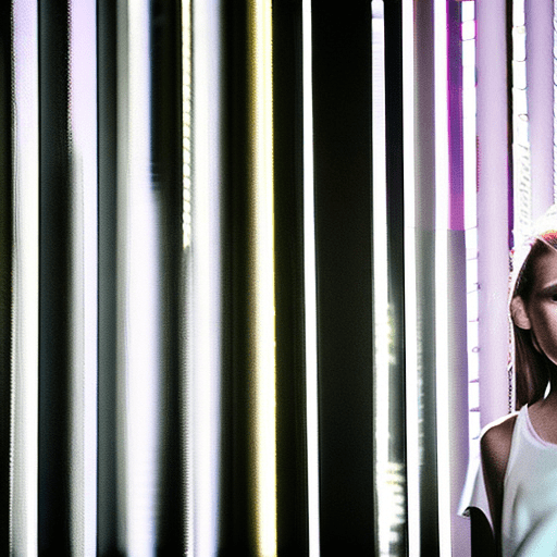 Stunning candid girl is posing for a photo, blond 13-year-old girl wearing an elegant top or dress at night, in the style of iconic album covers, neon-infused digitalism, animated gifs, light purple and light amber, i can't believe how beautiful this is, soft-focus portraits, chicano-inspired --ar 1:2 --stylize 750 --v 6