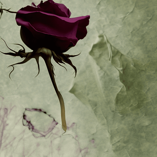 A single, dead flower, a wilted rose, drooping under its own weight, with petals turned inward, crumpled, and faded. Covered by a thin, rose-tinted, transparent layer that catches the light, giving it an ephemeral beauty. The background is a soft, blurred field of greens and golds, suggesting a distant, out-of-focus garden. The color palette includes soft pinks, purples, translucent reds, hints of brown and gray for the petals, with the transparent layer in rose and blush tones. Gentle, sweeping brushstrokes for the transparent layer and textured, uneven strokes for the flower. The background uses soft, blended strokes. The painting evokes bittersweet beauty, nostalgia, and a touch of melancholy, highlighting the illusory beauty of the rose