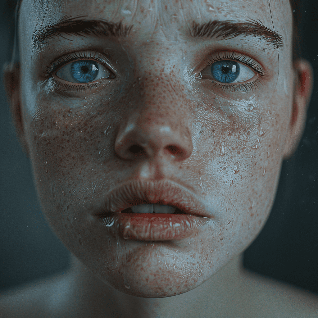 Hyper-realistic close-up image of a sad woman with blue eyes, fuller lips, and no hair --v 6. 0