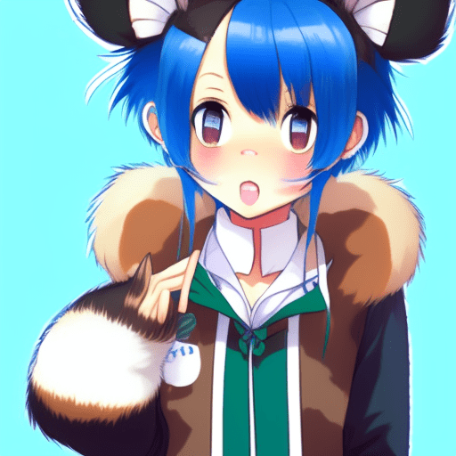 Tanuki girl, michiru kagemori, animal ears, pixie cut blue hair, brown furry skin, bushy tail, black animal nose, muzzle, whiskers, athletic build, ua school uniform, 90s anime art style