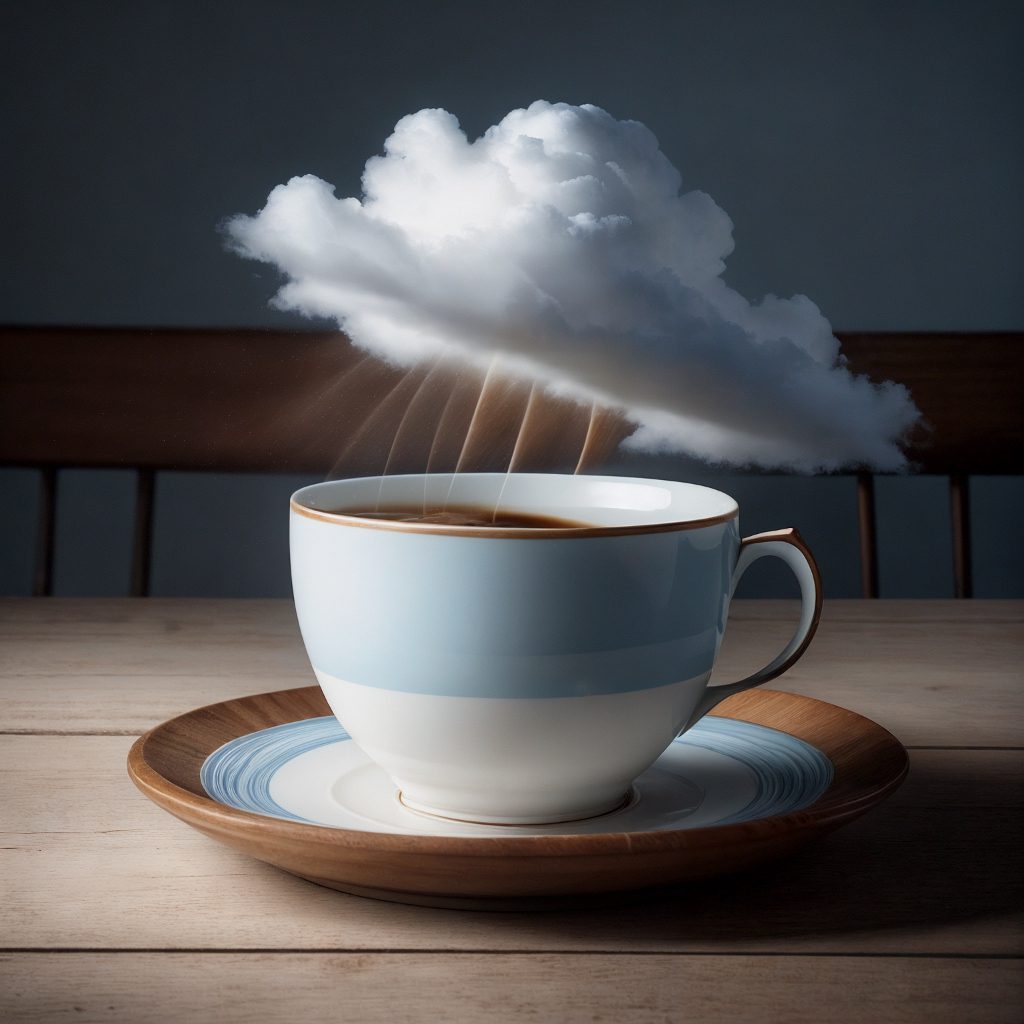 A captivating photograph of a heavenly cloud suspended in mid-air. Espresso is cascading down like rain pouring into a white cup beneath the cloud. The background is a serene light blue, accentuating the rich brown hues of the coffee. The wooden table, adorned with a simple white cup and saucer, adds a touch of warmth and elegance to the scene.
