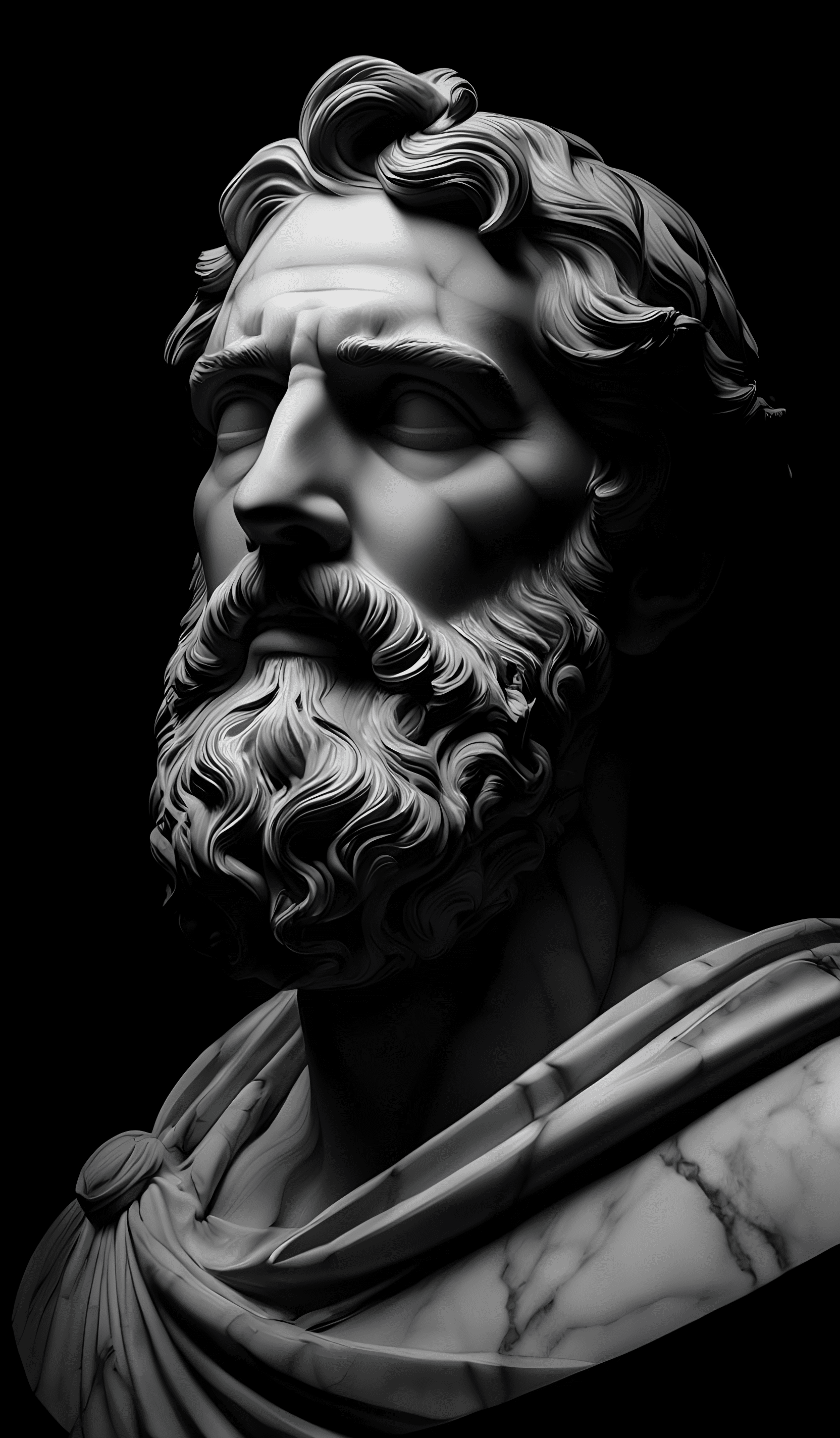 Closup roman statue of aristoteles black and white made of marble, artstation award winning, photorealistic, detailed, hyper vivid, fantasy, black background