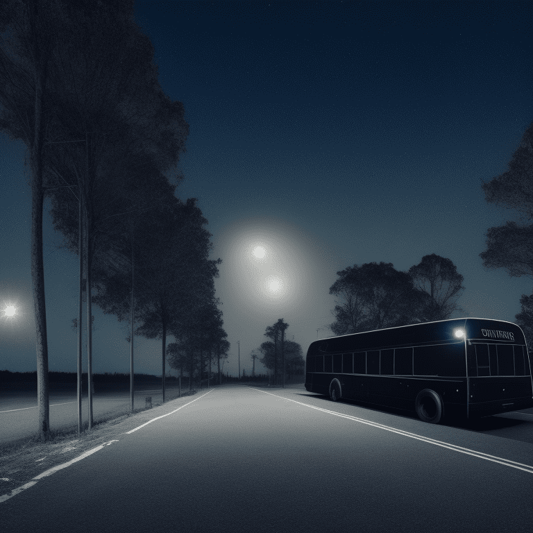 Side view of a long and dark lit strange bus at a distance, in the middle of the night, moonlight, very detailed, lit street, dead trees, streets lights