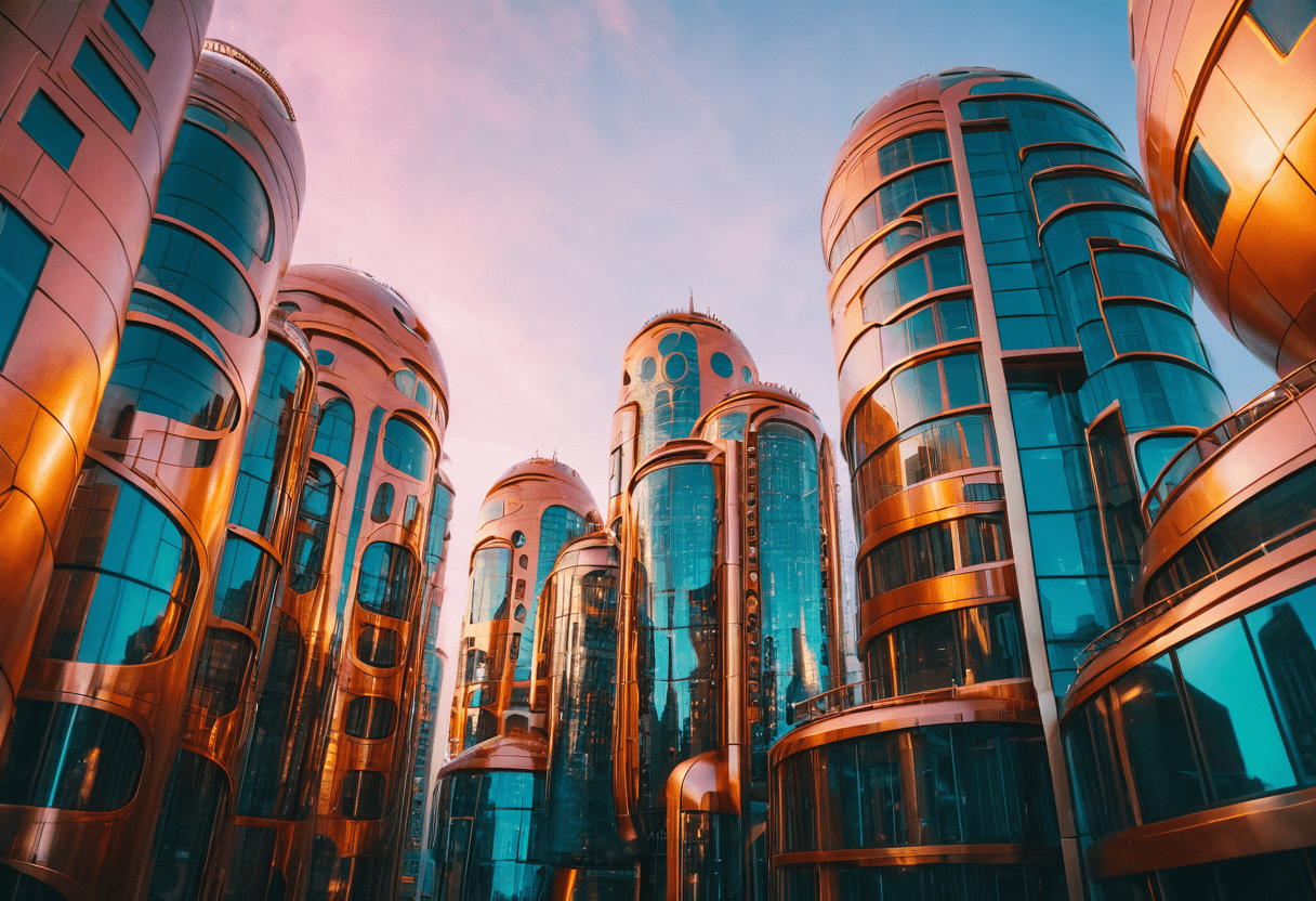 Hip level shot of a futuristic city buildings in ringform, shiny metal, masterpiece, intricate details, high quality, 8k, at golden hour, shallow depth of field, fauvism art stylized by othon friesz