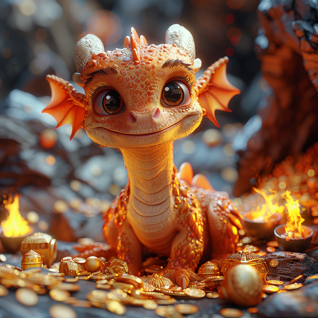 Little cute smiling dragon sits in a cave on a mountain of gold pieces, treasure chests and large gems, burning torches hang on the cave wall, cute 3d cartoon style --style raw --stylize 750
