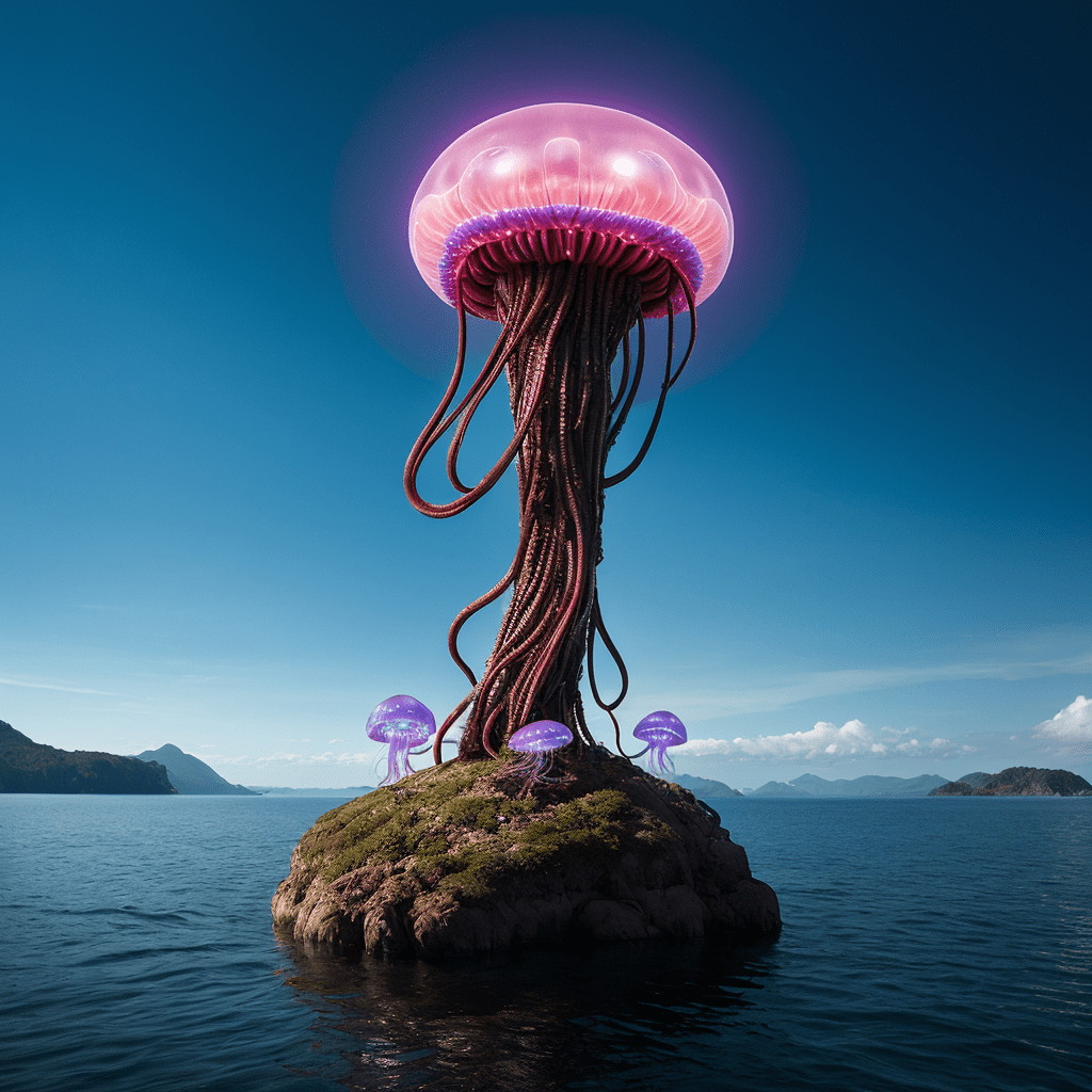 Biocyberpunk by simon stålenhag a giant floating jellyfish hardsurface robotic creature made of hi-technology, detailed