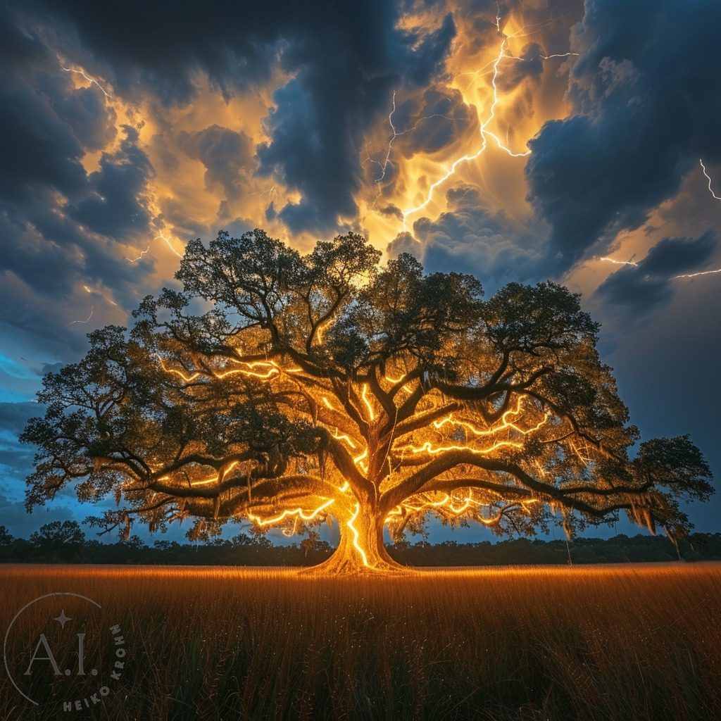 There is a single large oak tree in a field, there is a heavy thunderstorm and the oak tree is struck by a single large bolt of lightning, --style raw --stylize 750