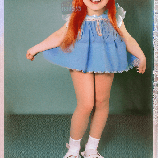 Young sissy boy wearing a pretty blue dress with frills and lace, her strawberry blond hair in ribbons, smiling happily, full view