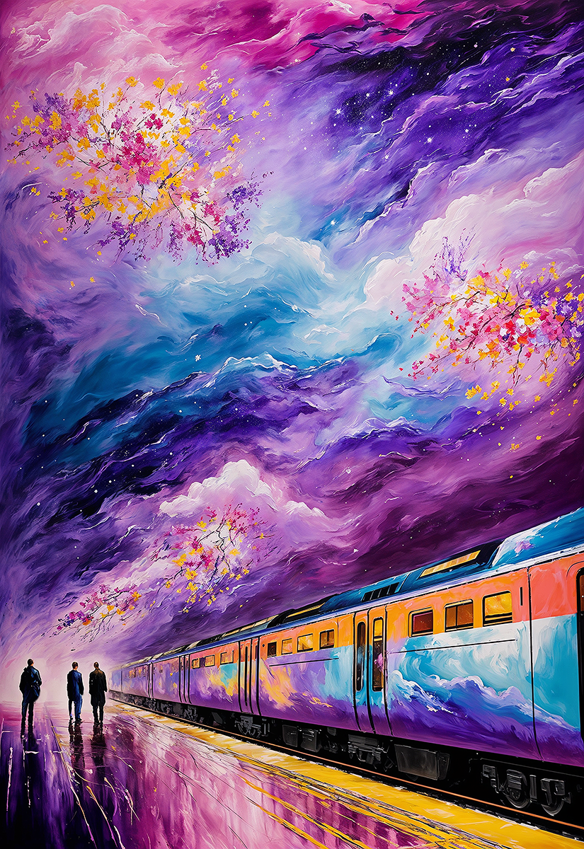 Abstract expressionist painting indoor of hyperrealistic train detailed with blooming flowers, ethereal cloud animals with shimmering outlines, passengers gazing in awe, vast sky with swirling galaxies, cosmic colors (purples, blues, pinks) , dramatic lighting, mystical atmosphere. Energetic brushwork, bold colors, abstract forms, expressive, emotional