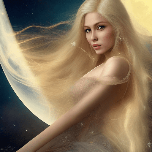 A beautiful blond woman sits on the crescent moon in space, stars all around her, in the fantasy art style, dreamy and romantic, glowing, shining stars illuminate the night sky, magical and beautiful, high resolution, realistic and photo-realistic, a full body shot with long hair flowing in the wind, wearing a white dress.