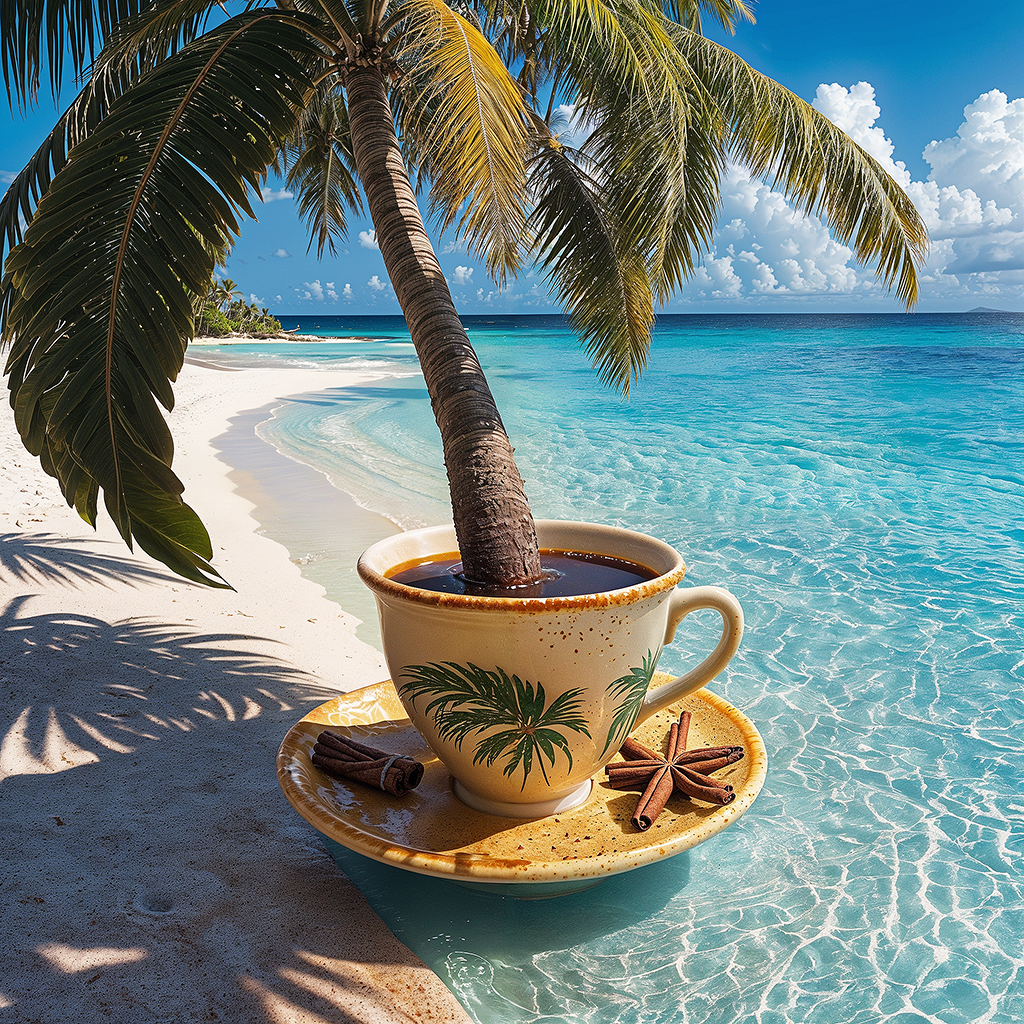 A whimsical and unique coffee image featuring a cup of steaming coffee. In the center of the coffee, there's an island with a lush green palm tree, surrounded by tiny waves. The palm tree has a small bird perched on it, and the island is adorned with golden sand. The coffee has a creamy, frothy texture, with a hint of cinnamon sprinkled on top.