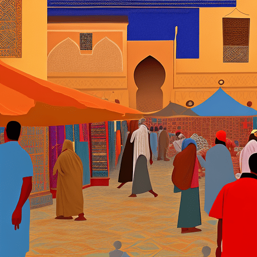 A crowded bazaar in marrakesh as the evening calls to prayer sound, textured acrylics, vector graphich looking image