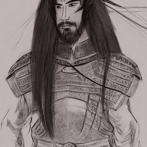Create a japanese man with long hair tied like a knight in warrior armor