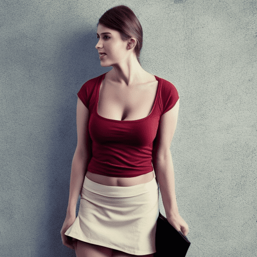 A 28 years old woman wearing a short skirt with a big chest
