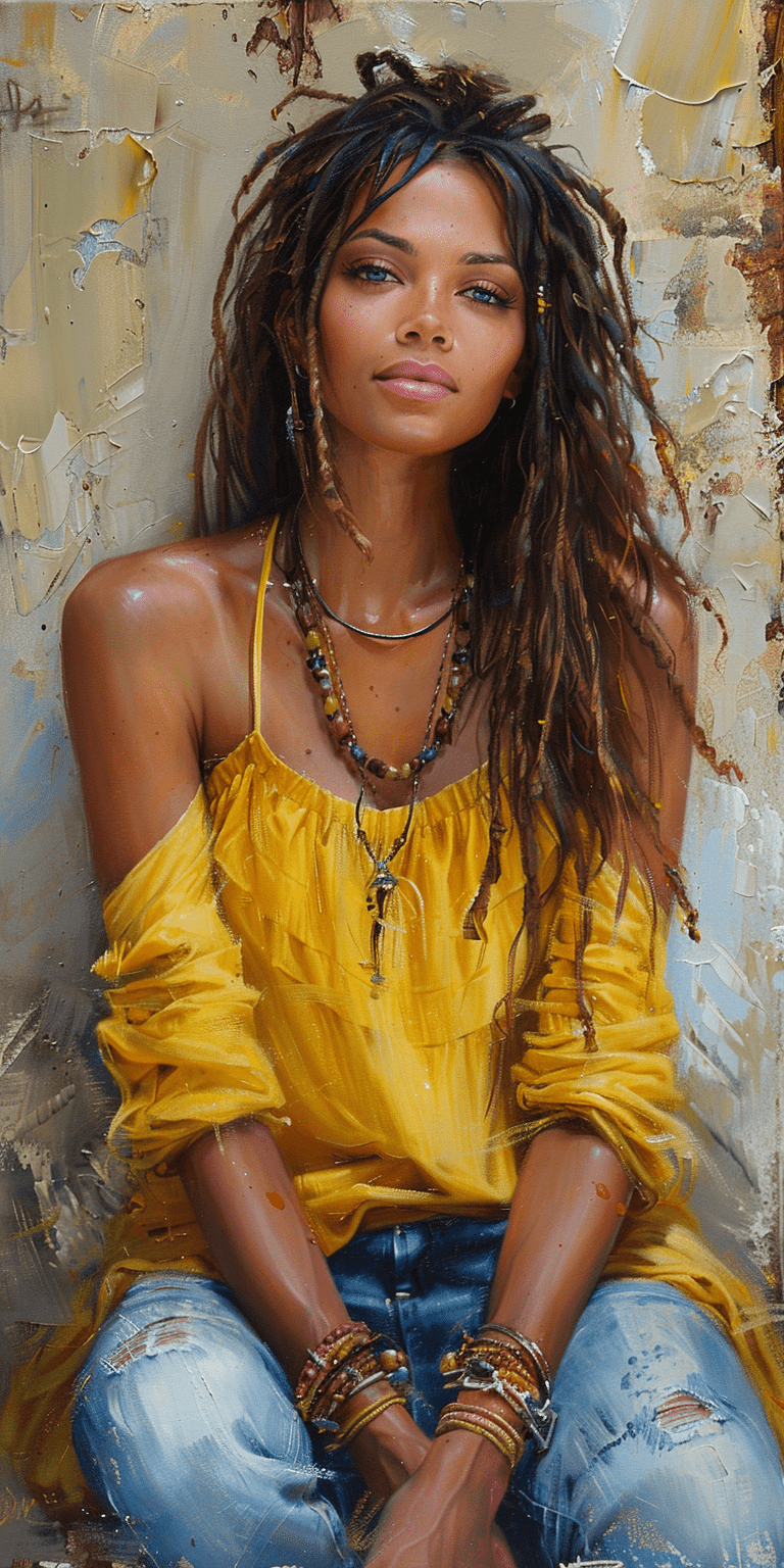 Oil painting of a beautiful black woman with dreadlocks, wearing yellow, sitting on the ground against an old wall, in the style of daniel gerhartz. --ar 1:2 --stylize 750