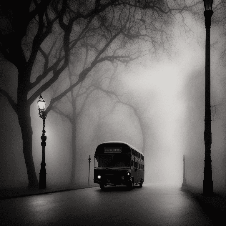 Photo of one beautiful black bus in the street, spooky silhouette driving, victorian street, dark fairytale aesthetic, intricate details, in the middle of the night, very detailed, lit street, dead trees, streets lights, foggy, divine presence, cemetery nearby