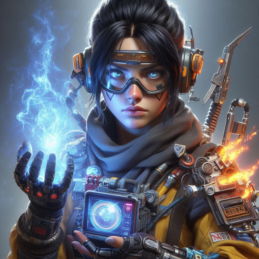 Rampart female character from apex legends, (ultra-detailed:1. 6) , extremely detailed face, masterpiece, (extreme shading:1. 0) , expressive eyes, (curvy:1. 3) , (fangs:1. 2) , (low ponytail:1. 3) , black hair with blue inner hair, (glowing goggles:1. 4) , (oversized jacket:1. 5) , (floating glowing welding machine:1. 1) , (magical flames:1. 5) , (baggy shorts:1. 4) , (floating, typing on glowing holographic welding machine:1. 4) , (atmospheric perspective:1. 3) , (cyberpunk dystopian lot:1. 3) , (neon signs:1. 4) , streets, vivid colors, atmospheric lighting, (night:1. 3)