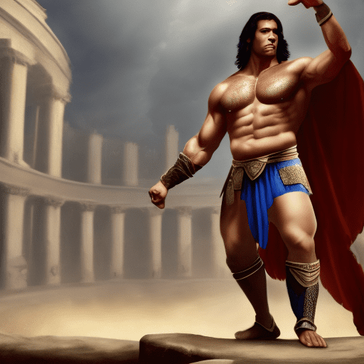 Hyperralistic picture of a young and very beautiful blone muscular gladiator in loincloth standing in an arena