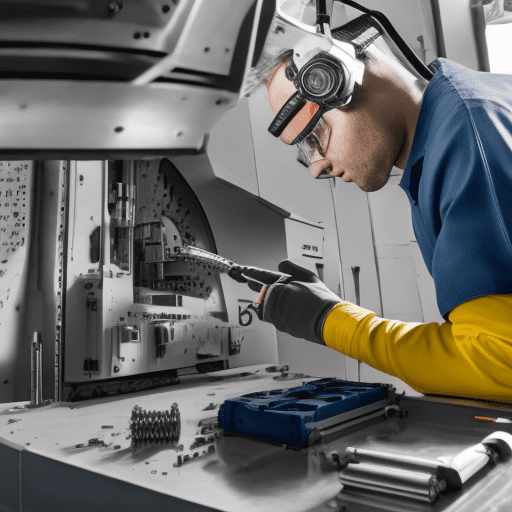 Photo of a ultra realistic mechanical engineer repairing cnc machine with tools