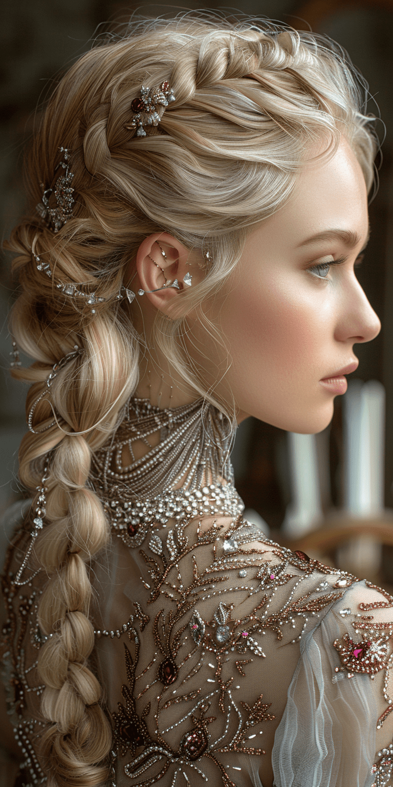 A beautiful blonde woman with braided hair adorned in silver chains and jewels is seen from behind, looking to her right side, in the style of ultra-realistic photography, high detail, sharp focus --ar 1:2 --stylize 750