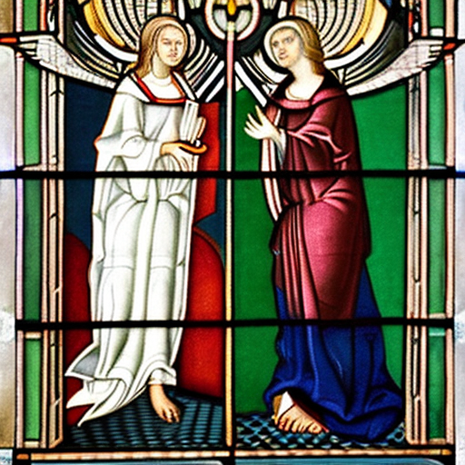 Annunciation, (saint mary and angel) , academic drawing anatomy, sistine chapels frescoes style, stained glass
