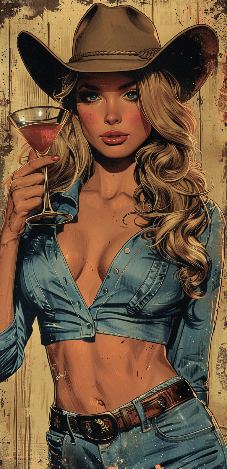 A beautiful cowgirl holding an oversized martini glass, in the style of a vintage comic drawing --ar 31:64 --stylize 750