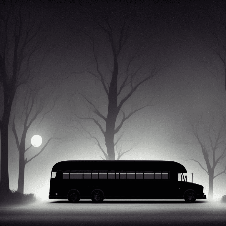 Angled view of a detailed darkish black metallic school bus at a distance, a silhouette as a driver, bus is lit, dark fairytale aesthetic, intricate details, in the middle of the night, moonlight, very detailed, lit street, dead trees, streets lights, foggy, divine presence, cemetery nearby