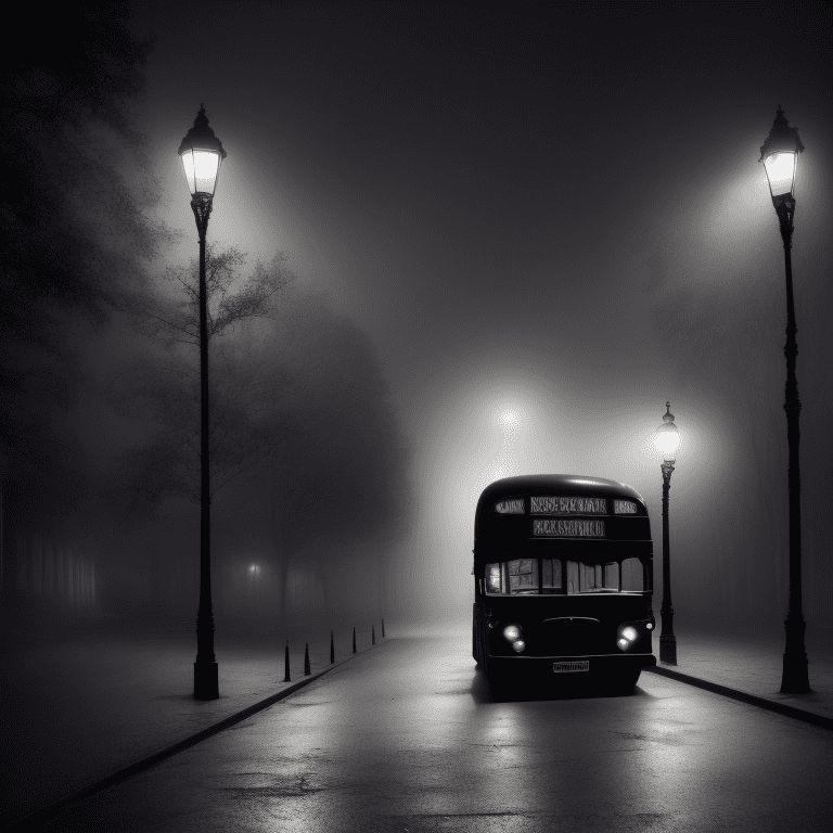 Photograph of a beautiful black bus, front view, victorian street, dark fairytale aesthetic, intricate details, in the middle of the night, very detailed, lit street, dead trees, streets lights, foggy, divine presence, cemetery nearby