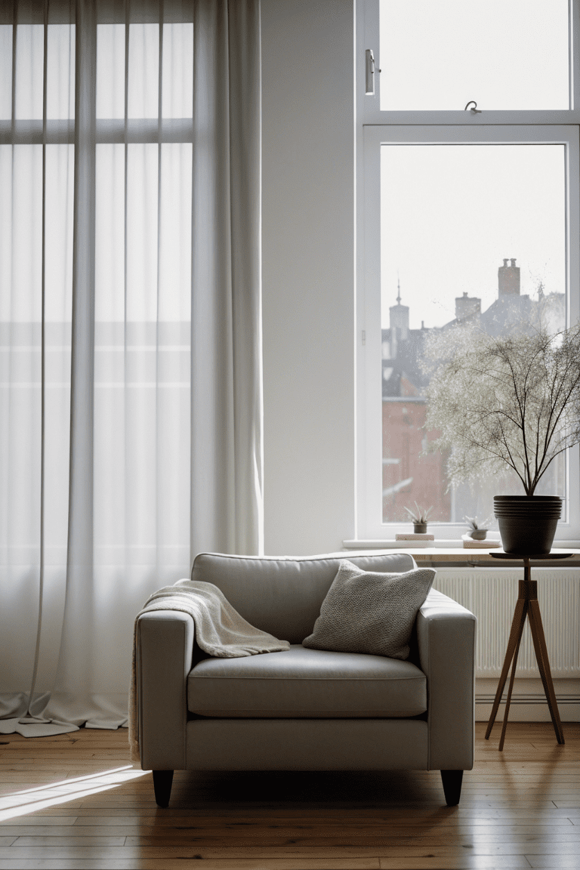 Mid-sized living room with a candid angle, dieter rams 620 chair program, flos arco floor lamp, nikon z6 ii 35mm, morning light streaming through sheer curtains, cracks on the floor, urban, natural, beauty, rays of sunlight , selective focus depth of field, bokeh, particles and dust