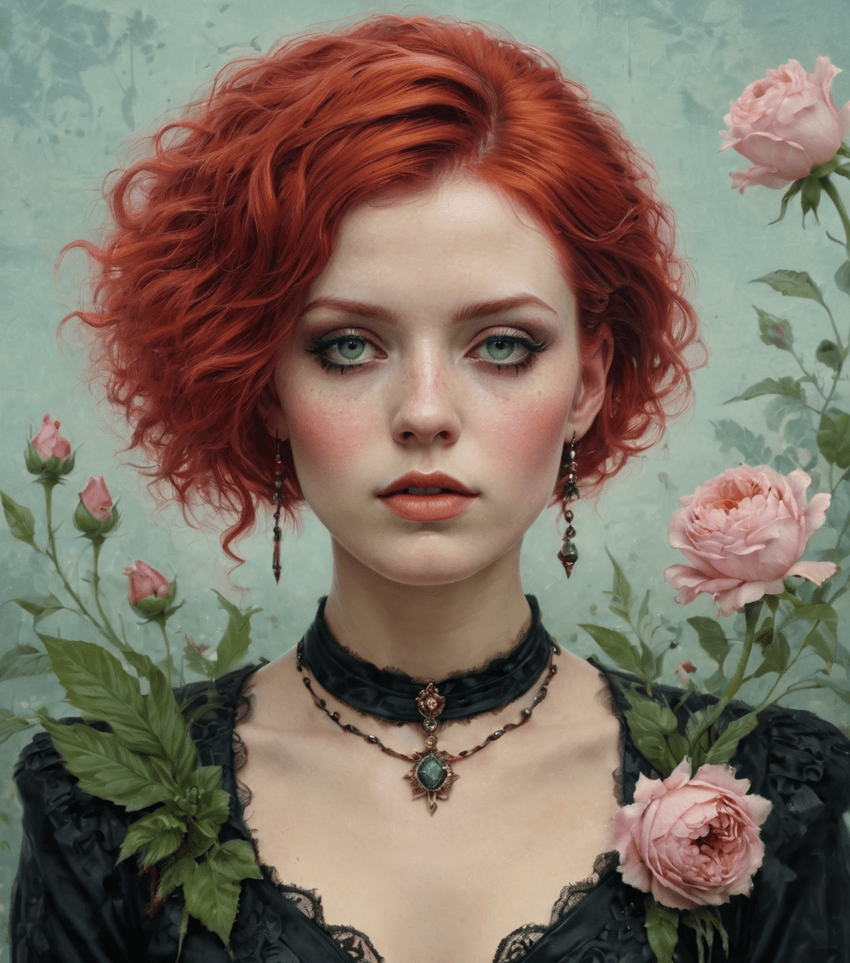 Masterpiece, best quality, hyperrealism, highly detailed, intricate textures, portrait, victorian 80s punk woman, red hair, splash of pastel colors, plants, flowers, tom bagshaw style, soft shadows, reflections, high contrast, atmospheric effects, ethereal glow, delicate details, art nouveau influences