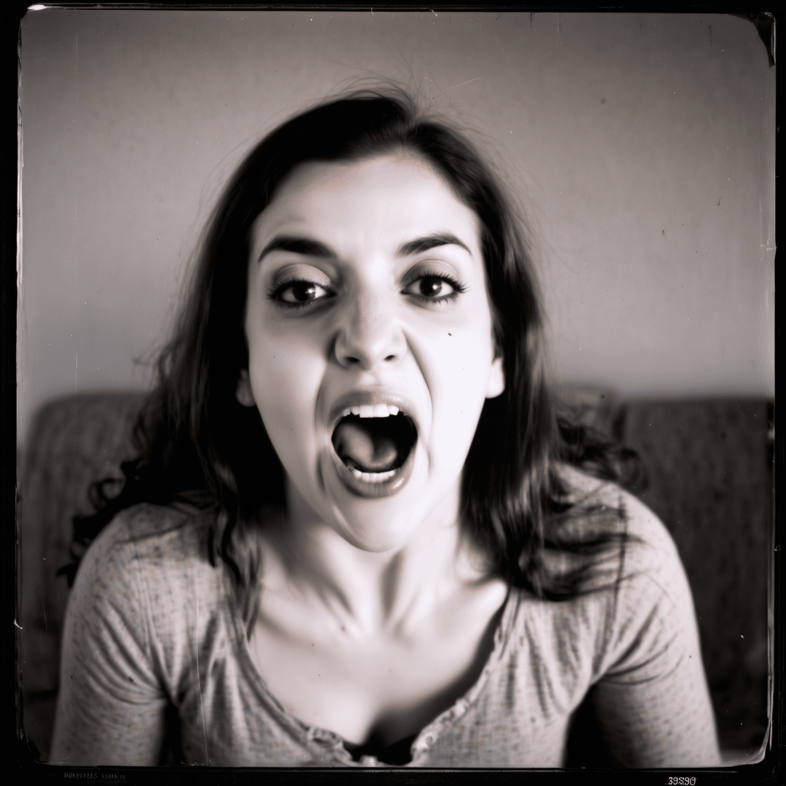 A candid capture of a woman screaming, ((her face seems terrified:1. 2) ), dark eyes, faking fear, center focus, high-fidelity, analog style --ar 2:3 --s 750 --style raw --v 6. 0 --no watermark