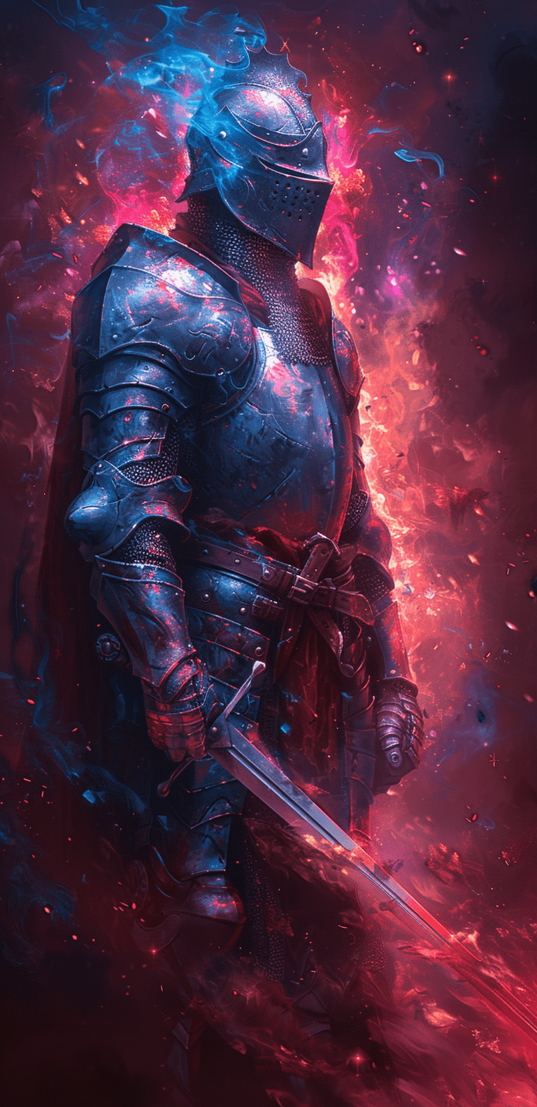 A knight in full armor, with vibrant colors and intricate details on the helmet and sword, dark red background with swirling smoke effects, in the style of fantasy art, with a vibrant color palette emphasizing neon blue and purple hues, creating a surreal atmosphere --ar 31:64 --stylize 750